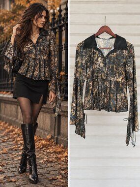 Marie Claire Black Navy Gold Whimsigoth Floral Blouse Flared Sleeve Small